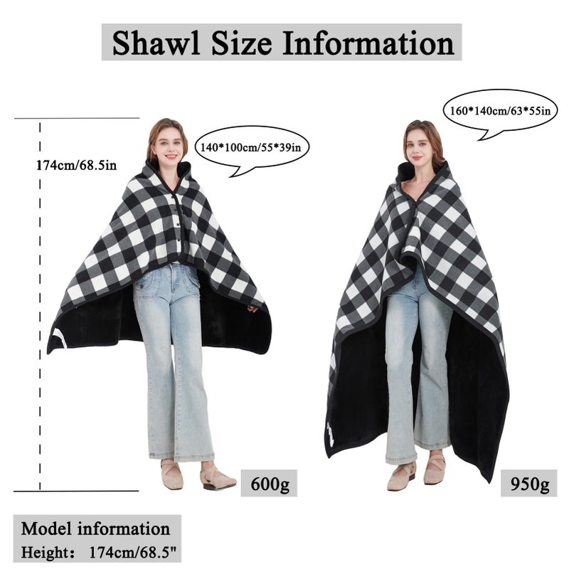 forestfish Fleece Wearable Blanket, Plaid Lap Blanket Comfy Poncho Throw with Buttons for Bed Sofa Office, Black-White - Image 2